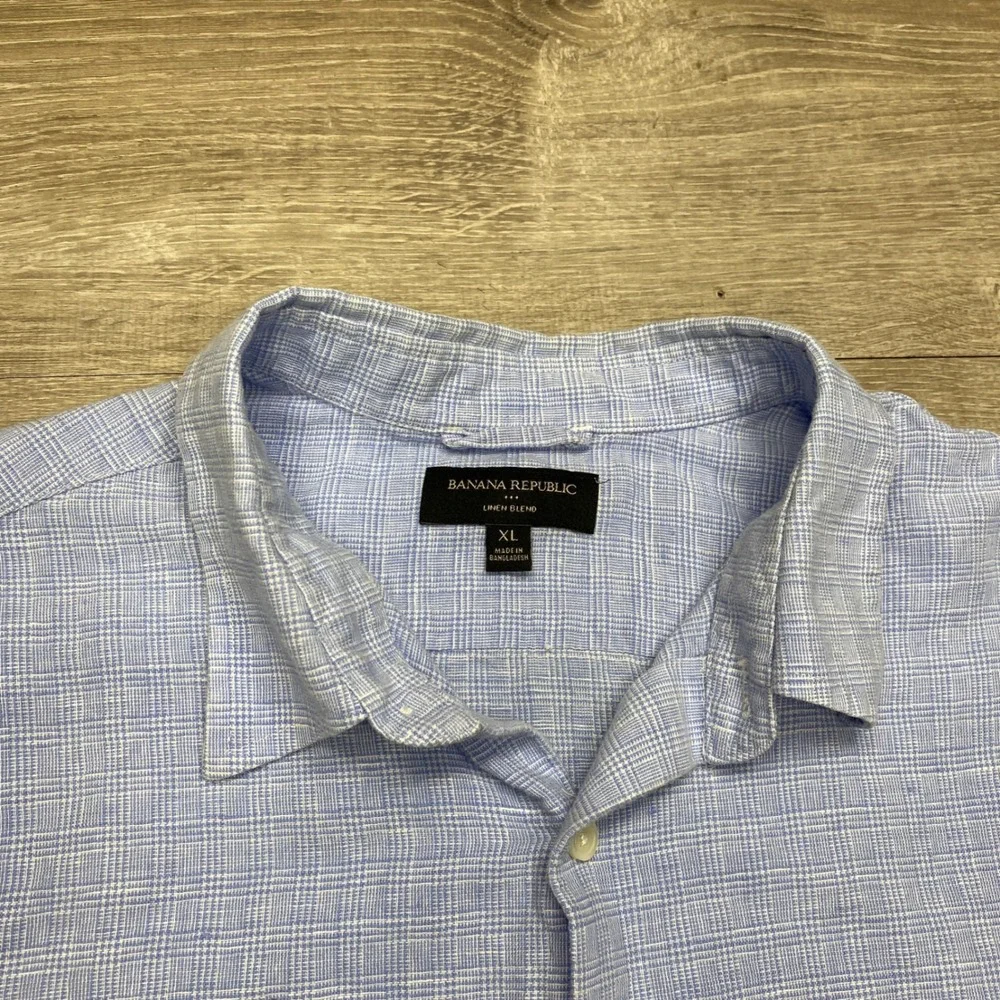 Banana Republic Button Up Shirt Mens XL Blue Linen Check Casual Long Sleeve